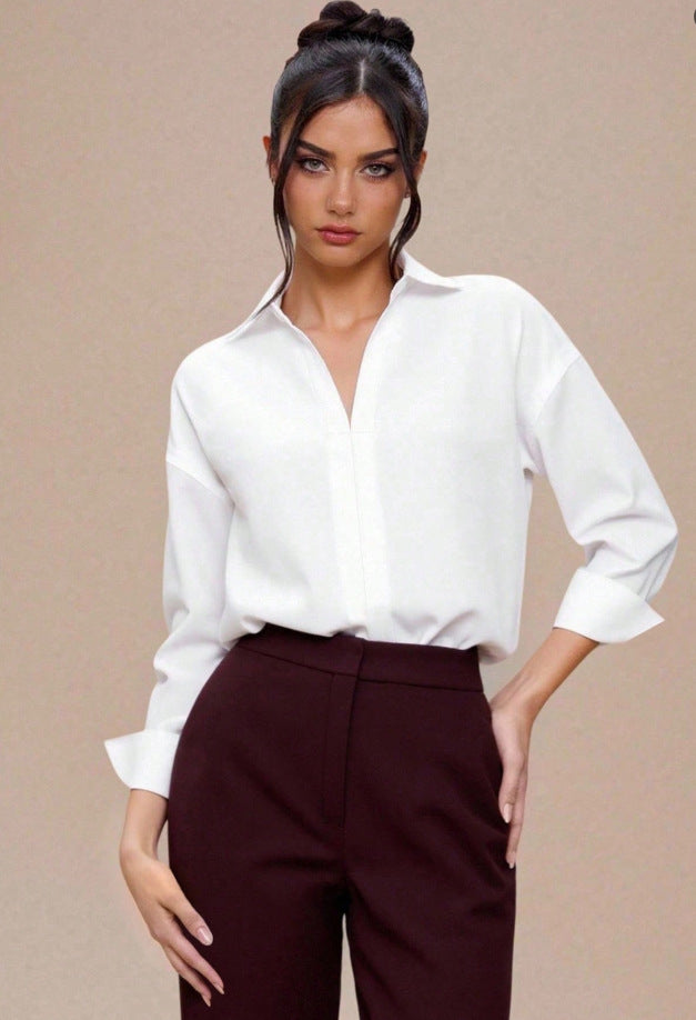 Women's V Neck Collared Business Casual Blouse Long Sleeve