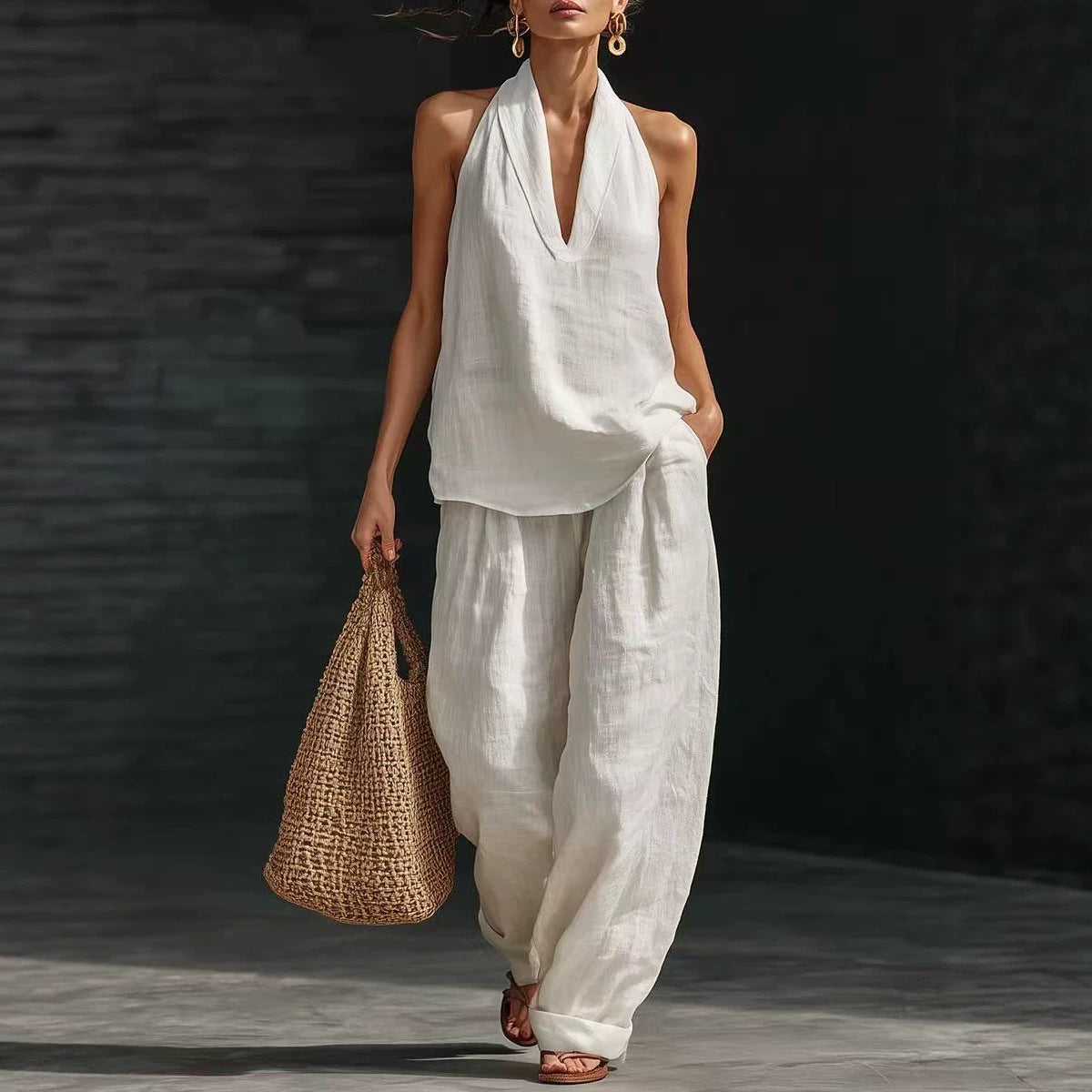 Women Halter Top Wide Leg Pants 2 Piece Set Casual Summer
