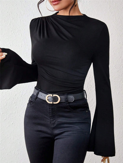 Women's Mock Neck Ruched Bell Sleeve Fitted Top