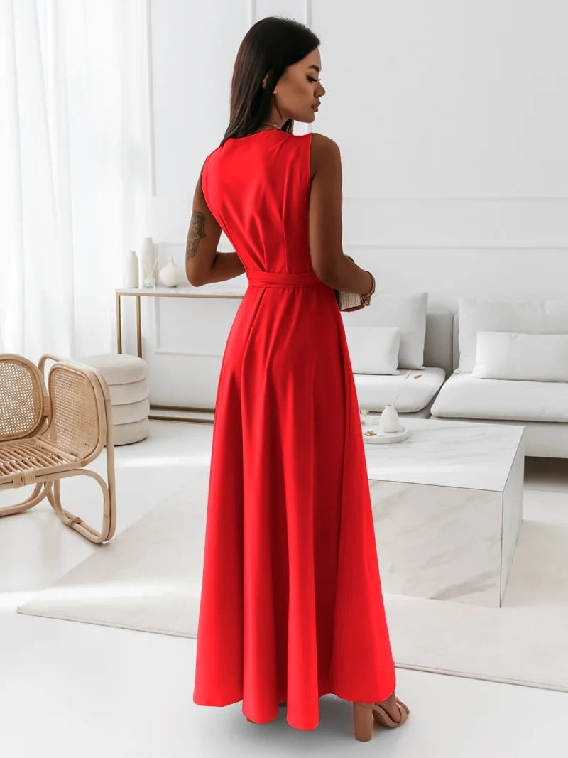 Women's Sleeveless V-Neck Belted A-Line Maxi Dress