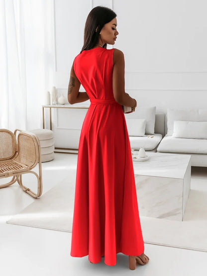 Women's Sleeveless V-Neck Belted A-Line Maxi Dress