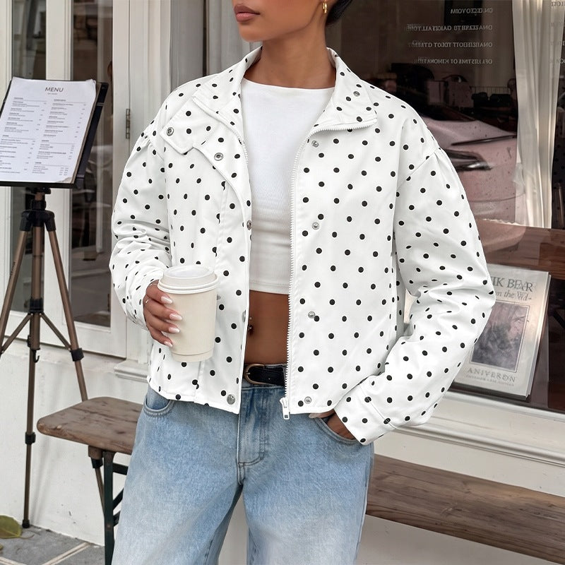 Polka Dot Stand Collar Snap Button Relaxed Jacket