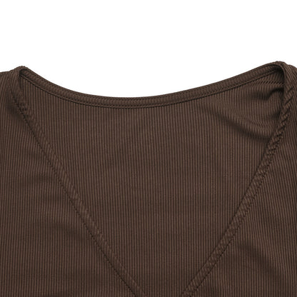 Women's V-Neck Ribbed Buckle Waist Long Sleeve Fitted Top