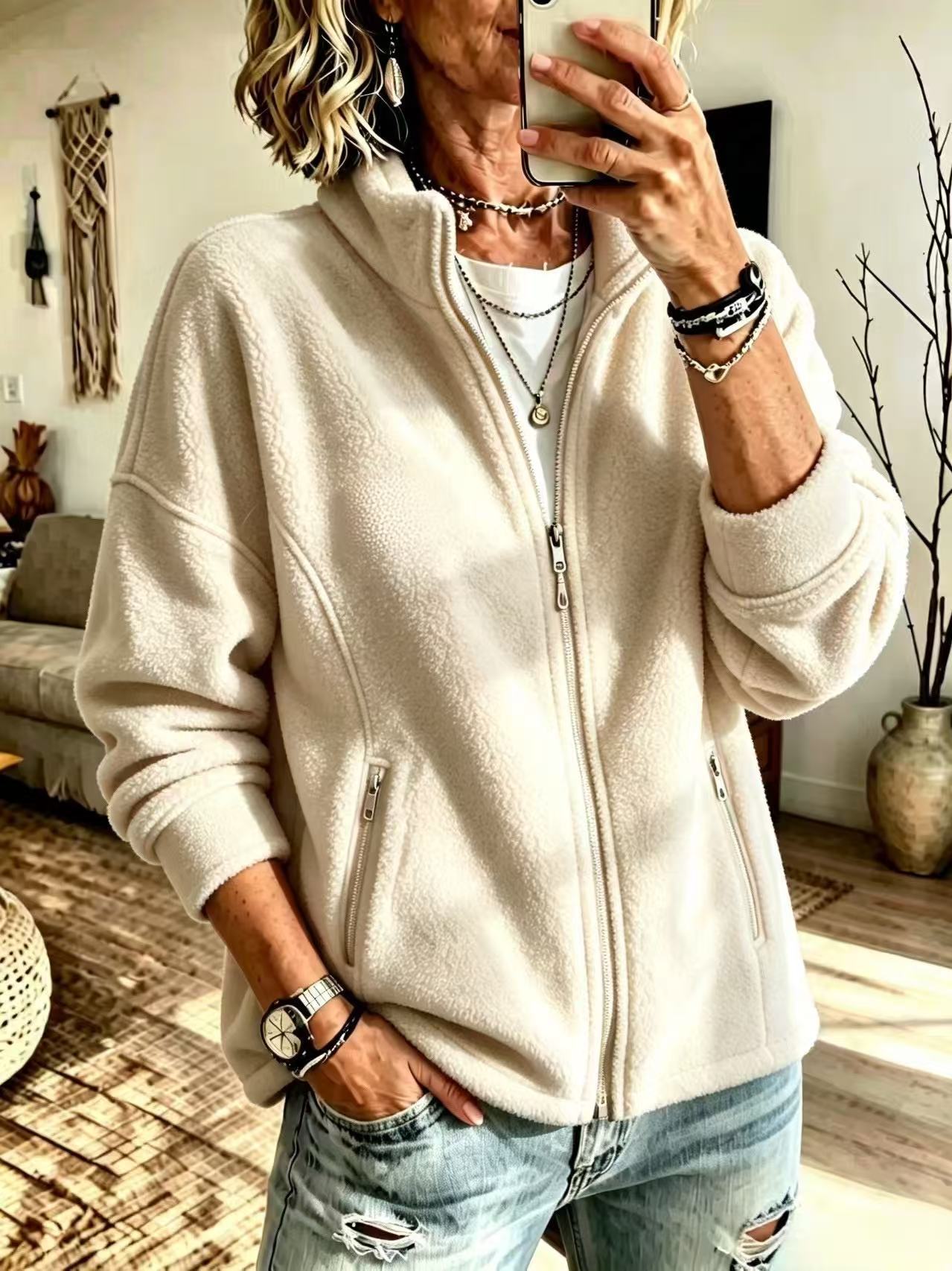 Women's Oversized Fleece Full Zip Jacket Stand Collar