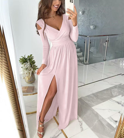 Women's V Neck Long Sleeve Cut Out Side Slit Maxi Dress