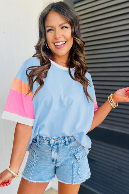 Colorblock Cotton Tee Loose Crew Neck Short Sleeve