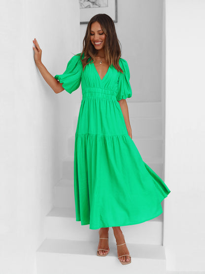V-Neck Bubble Sleeve Holiday Dress American Fashion