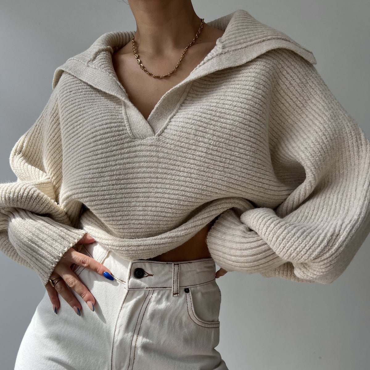 Oversized Collared V-Neck Knit Sweater Pullover