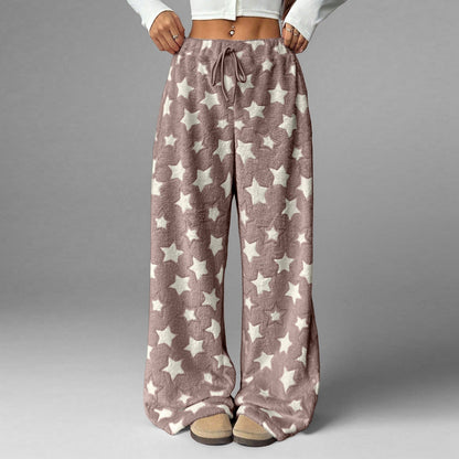 Fuzzy Star Print Wide Leg High Waist Lounge Pants