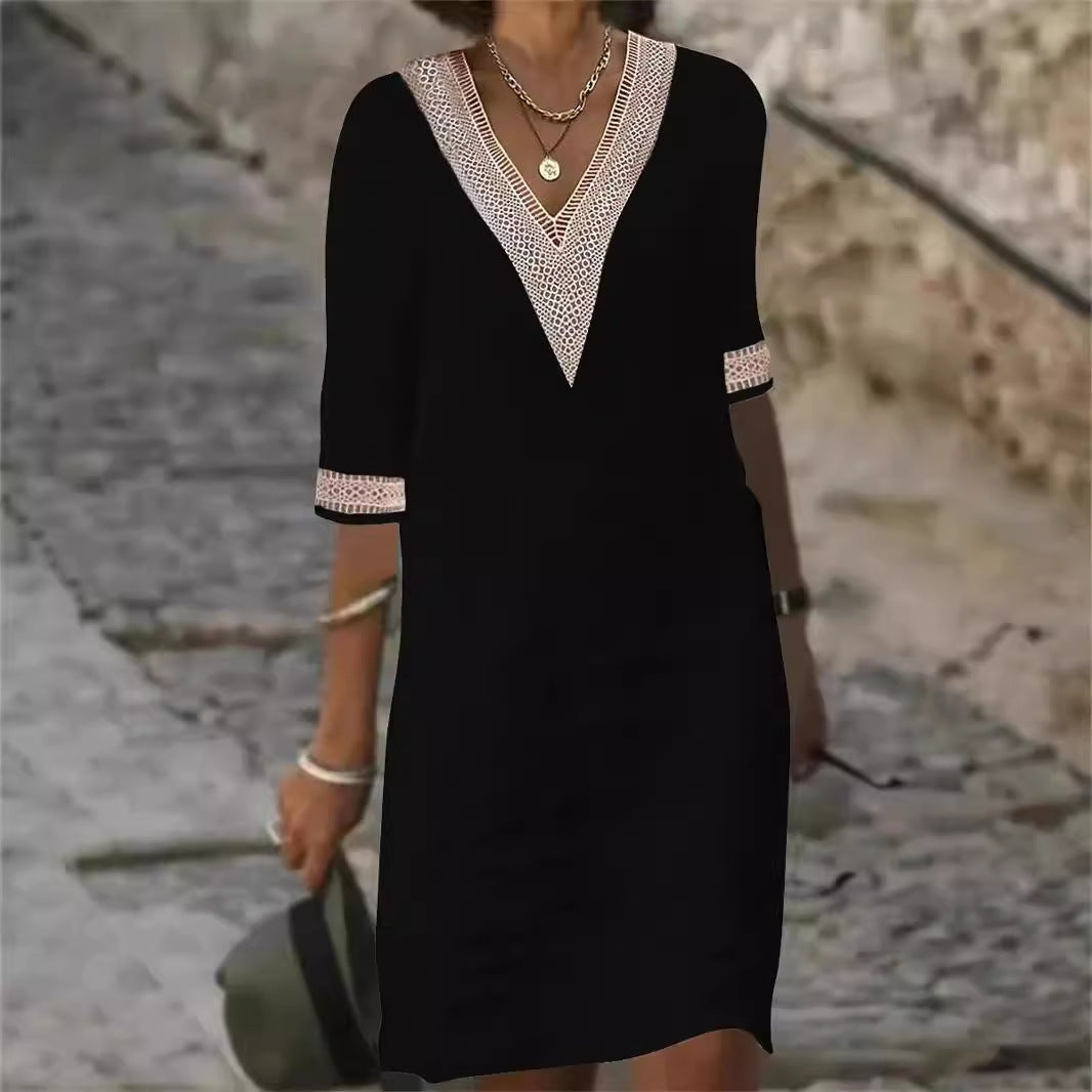 Women's Cotton Linen V-Neck Lace Trim Casual Midi Dress