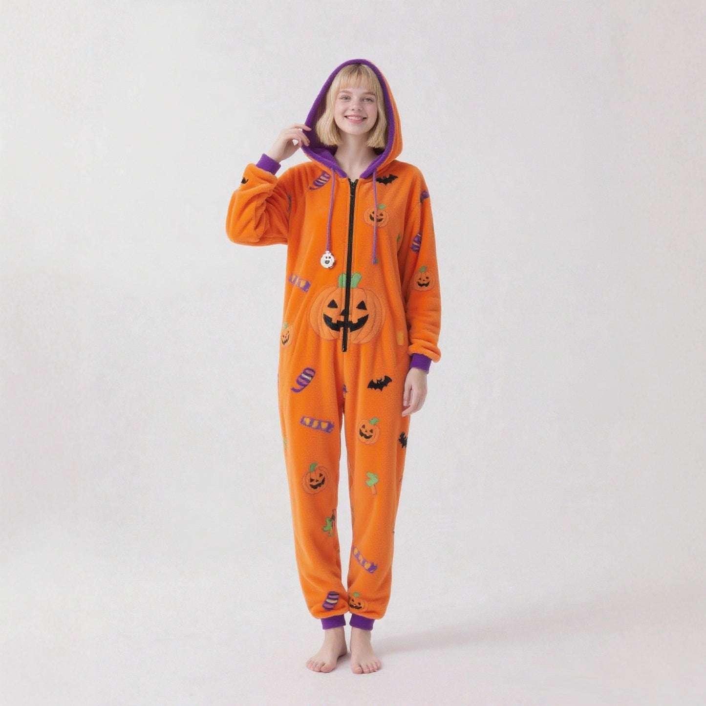 Women's Halloween Pumpkin Hooded Fleece Onesie