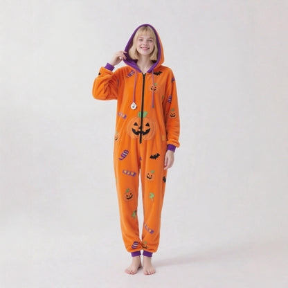Women's Halloween Pumpkin Hooded Fleece Onesie