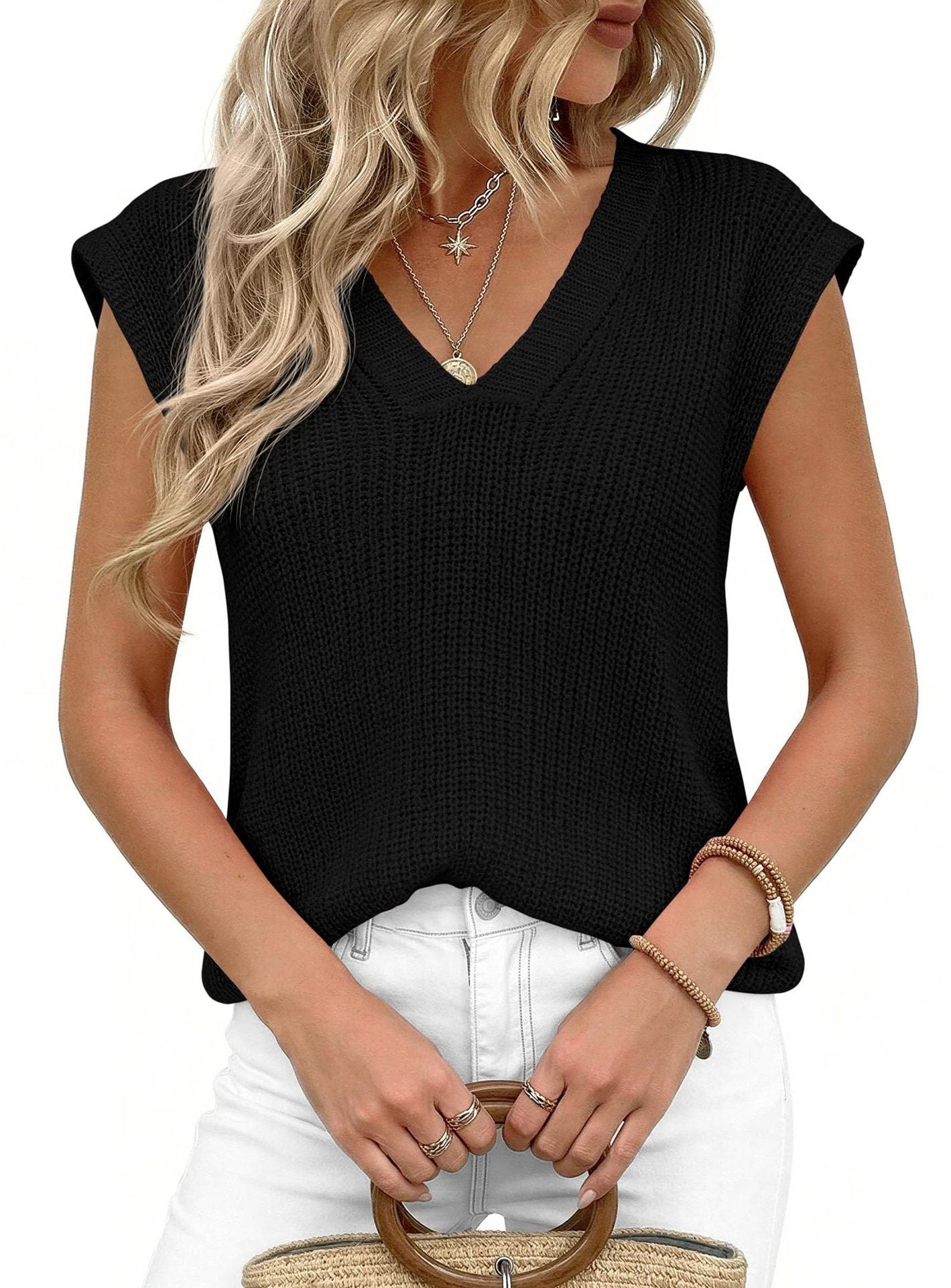V Neck Knit Sweater Vest Sleeveless Loose Summer Top