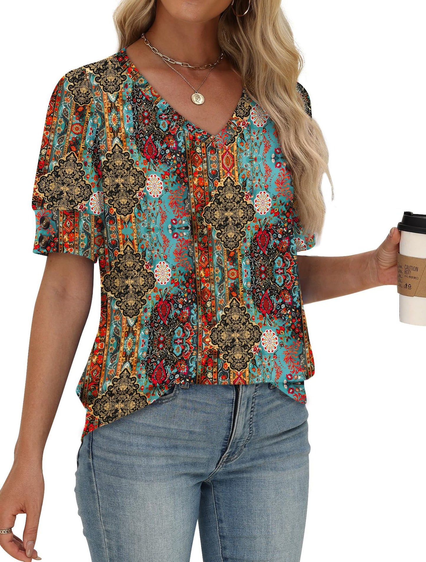 Solid Color V Neck Button Sleeve Puff Top Casual Tee