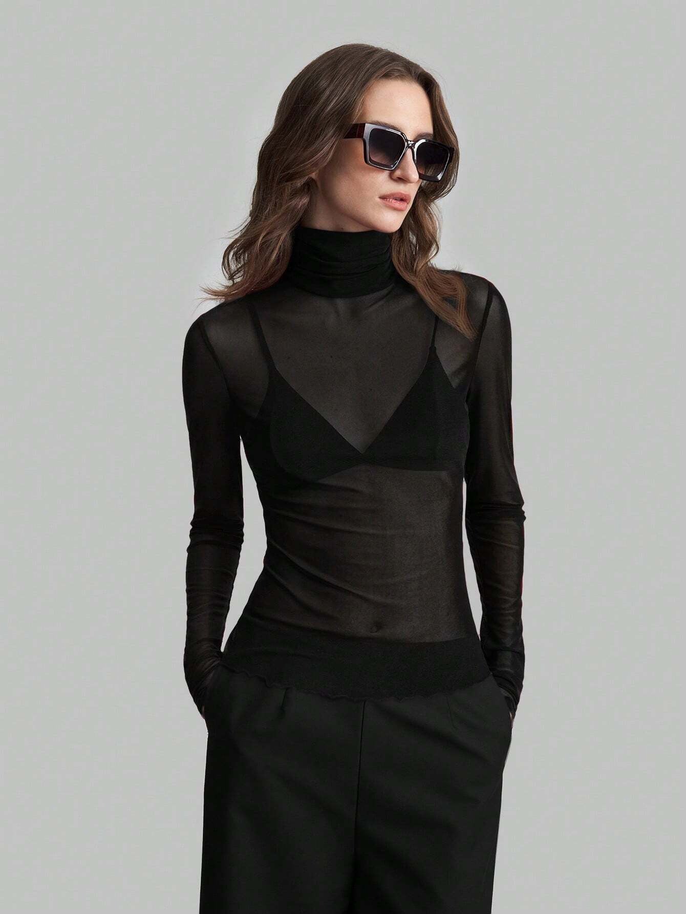 Solid Mesh Turtleneck Top Long Sleeve Fitted Blouse