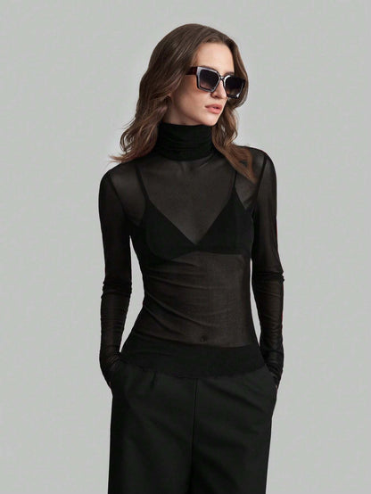 Solid Mesh Turtleneck Top Long Sleeve Fitted Blouse
