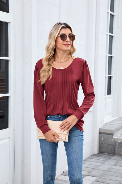 Women's Long Sleeve Pleated Tunic Top Loose Casual Blouse