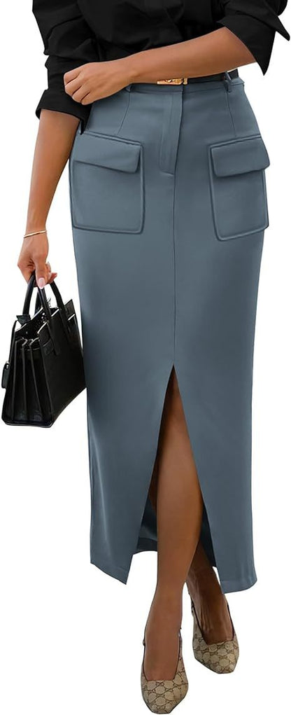 Elegant High Waist Midi Skirt with Front Slit