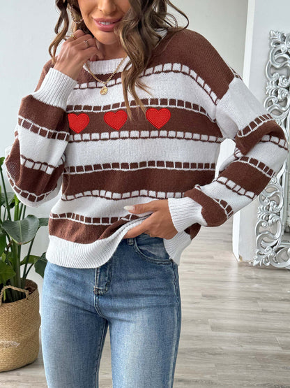Colorblock Striped Sweater | Embroidered Heart Patch Design