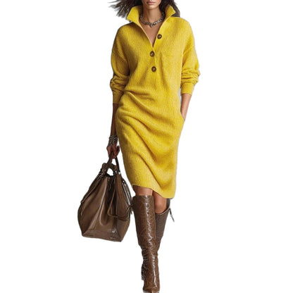 Women's Collared Button Front Knit Midi Sweater Dress