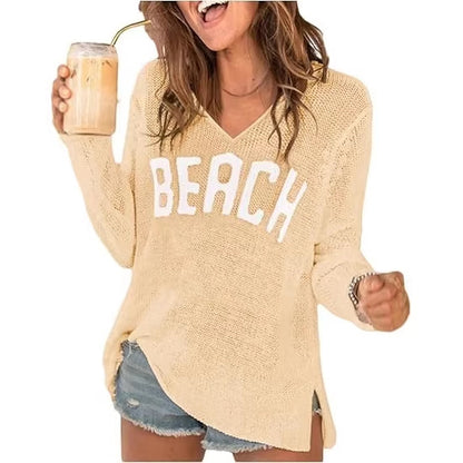 Women's V-Neck Letter Print Lightweight Knit Sweater