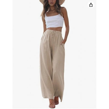 Women's Linen Wide Leg Pants Drawstring Elastic Waist