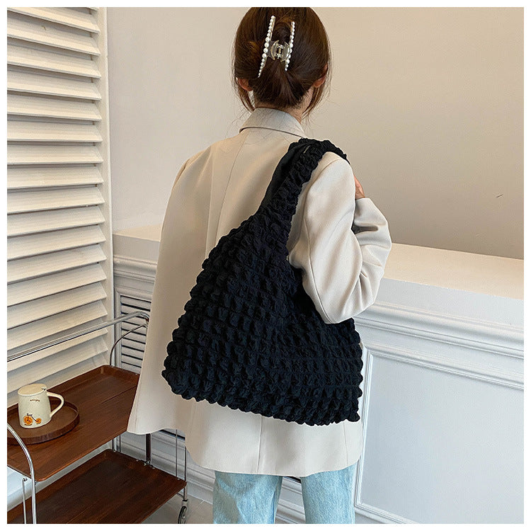 Textured Bubble Knit Shoulder Tote in Rose Pink