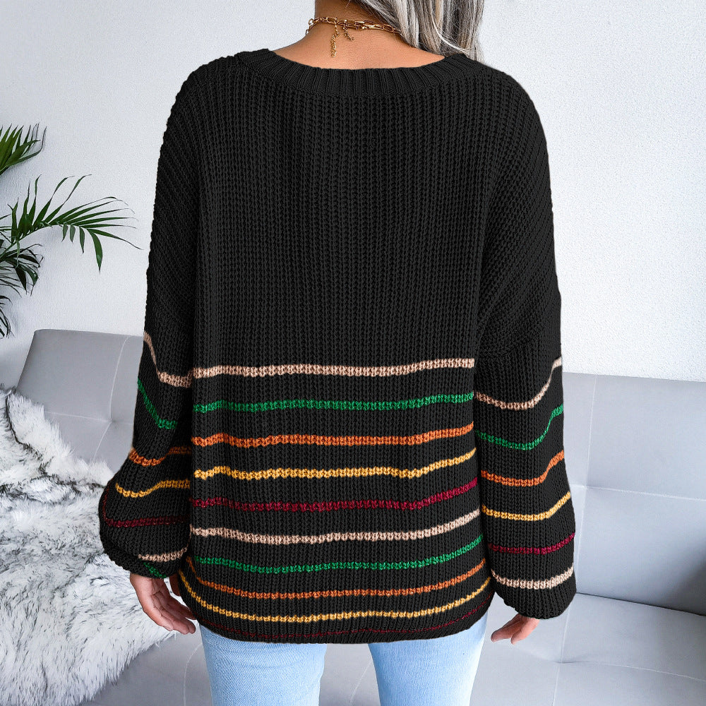 Women's Rainbow Striped Casual Loose Sweater