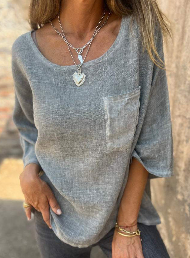 Women's Relaxed 3/4 Sleeve Round Neck Pocket Tee