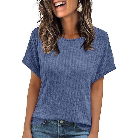 Women's Ribbed Crew Neck Short Sleeve Loose Fit T-Shirt