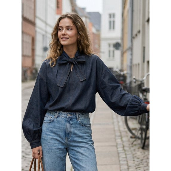 Women's Navy Denim Tie Neck Balloon Sleeve Blouse