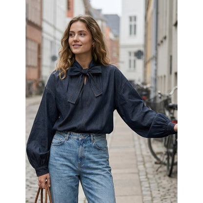 Women's Navy Denim Tie Neck Balloon Sleeve Blouse