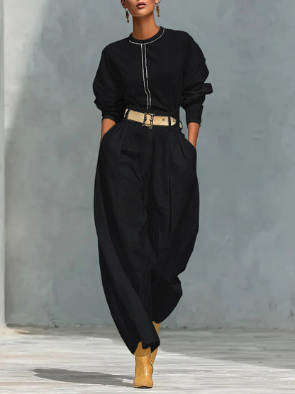 Women's Two Piece Belted Top & Wide Leg Pants Set
