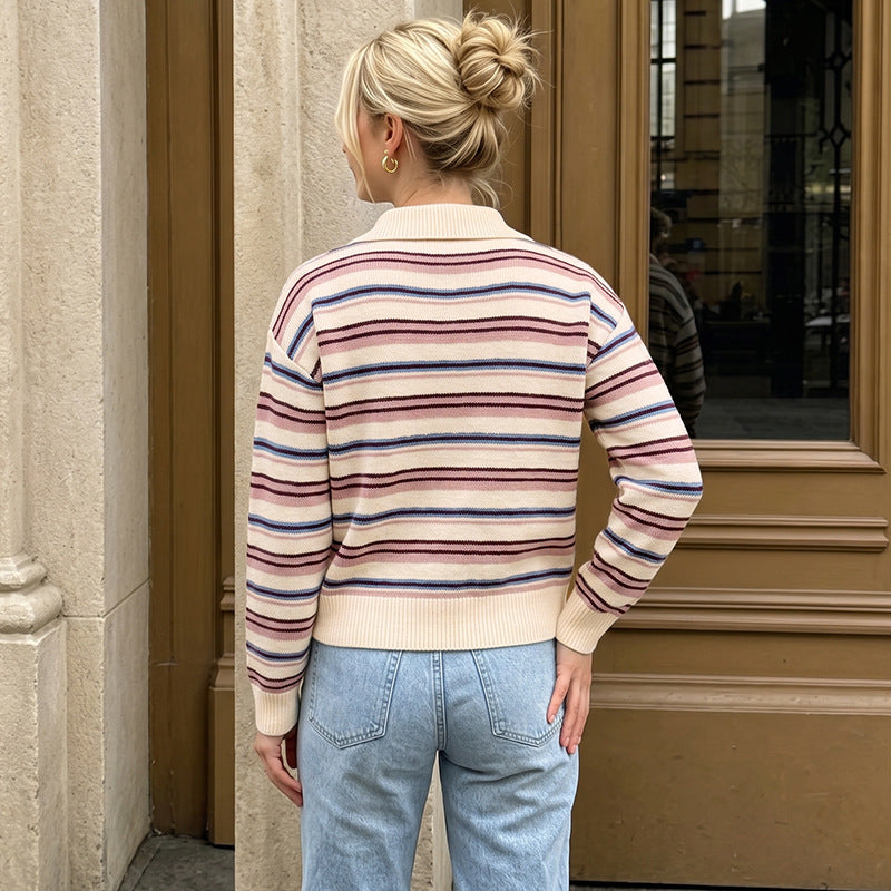 Striped Knit Polo Sweater Long Sleeve Relaxed Pullover