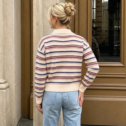 Striped Knit Polo Sweater Long Sleeve Relaxed Pullover