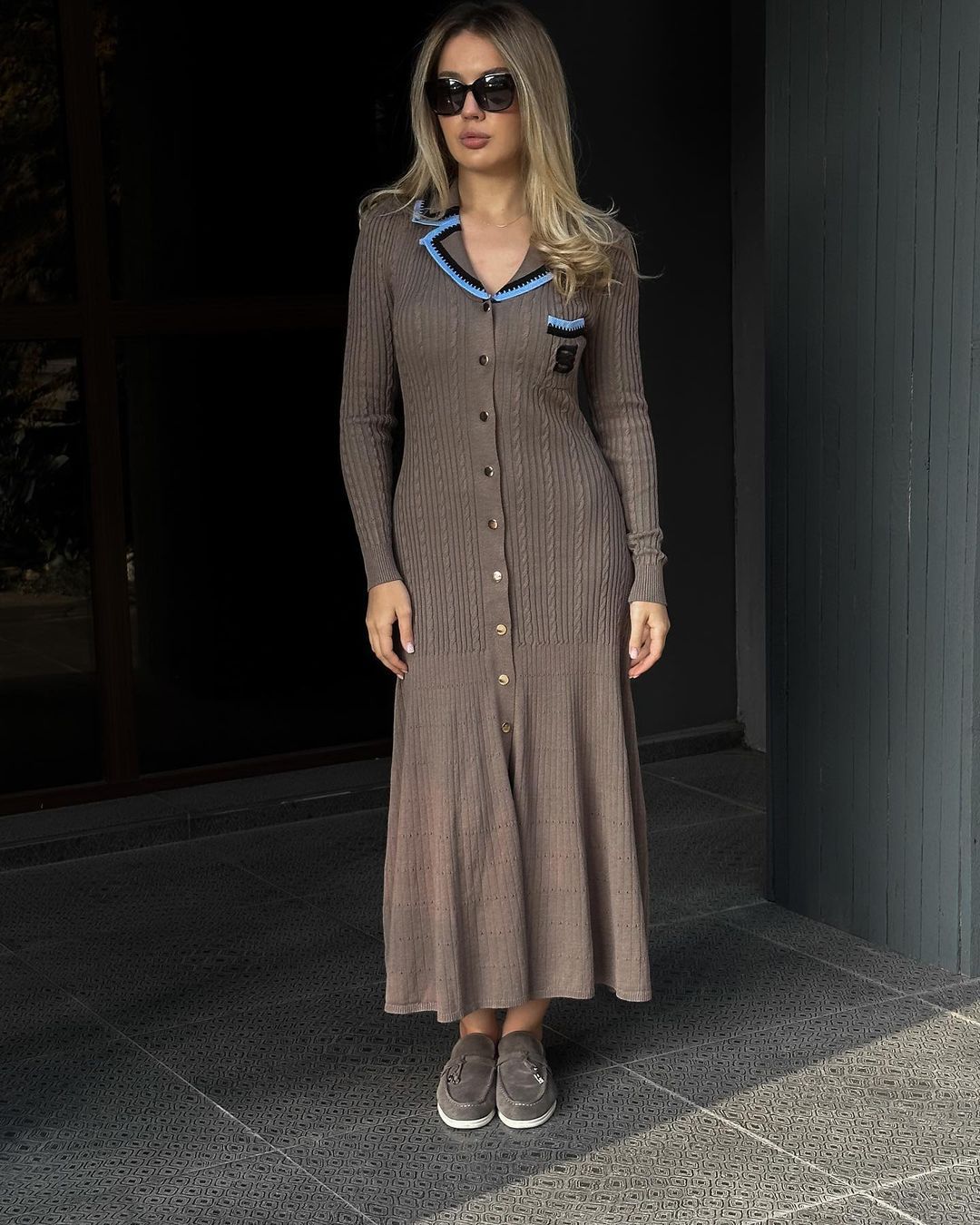Long Sleeve Polo Collar Knit Bodycon Maxi Dress