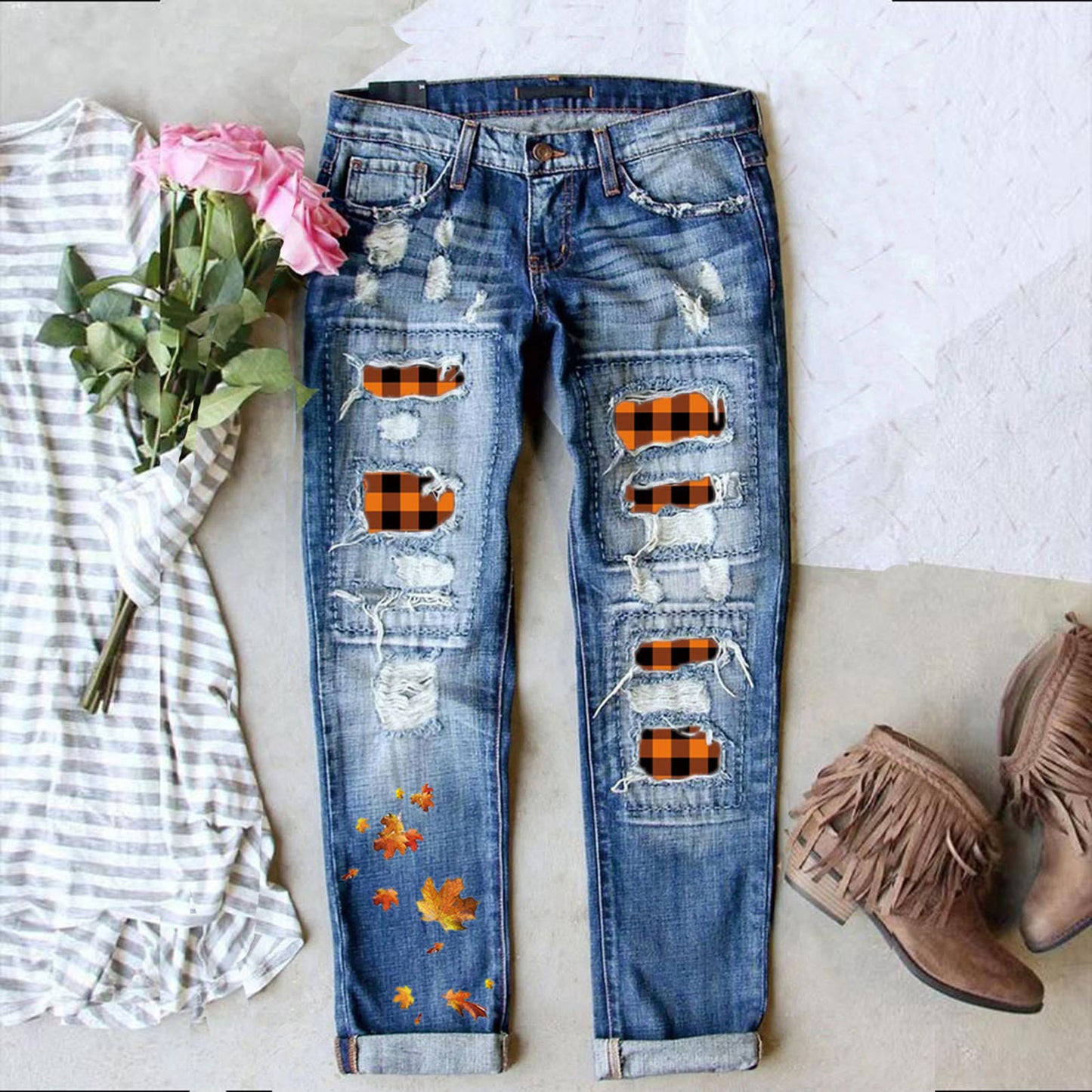 Women's Distressed Straight Jeans Plaid Patch Maple Leaf