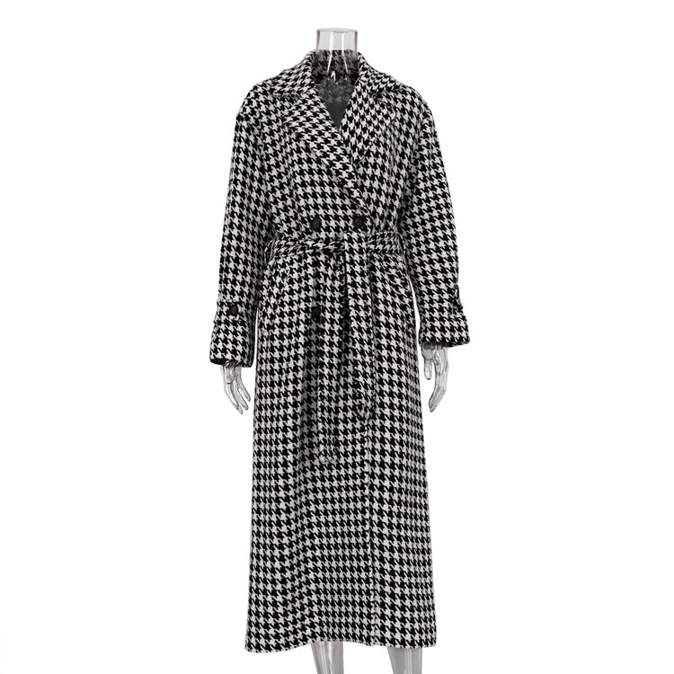 Women's Houndstooth Maxi Winter Coat Double Breasted Belted