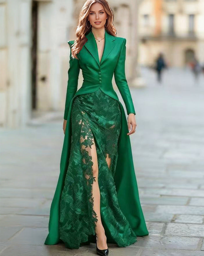 Women's Blazer Lace Maxi Skirt Two Piece Set