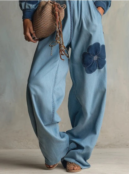 Women's Floral Denim Jumpsuit Wide Leg Loose Long Sleeve