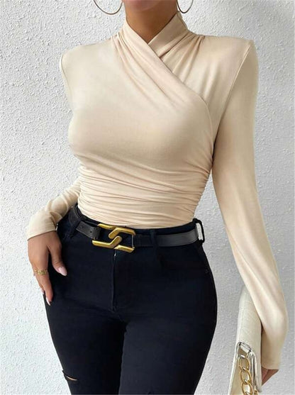 Cross Neck Ruched Long Sleeve Fitted Top