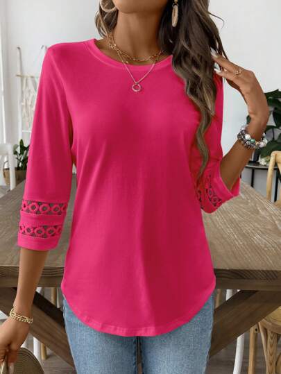Women's Lace Trim 3/4 Sleeve Tunic Blouse
