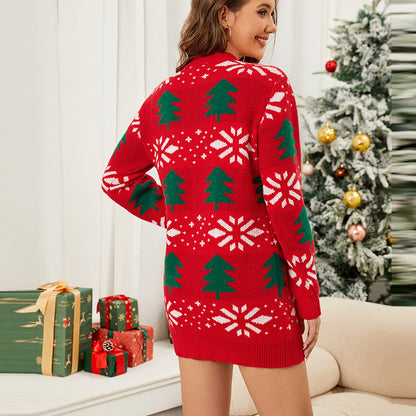 Red Christmas Tree Knit Sweater Dress Holiday Outfit