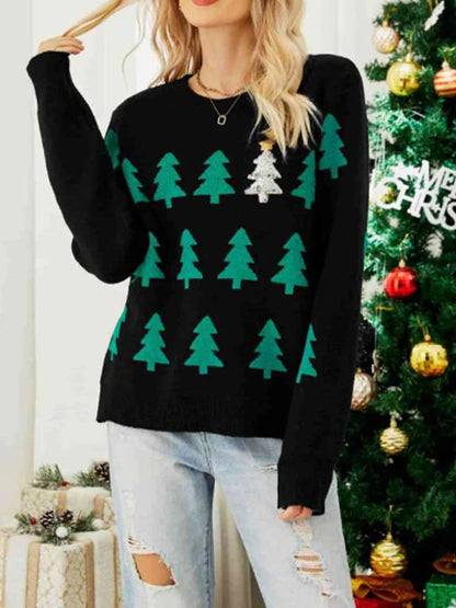 Women's Sequin Christmas Tree Crew Neck Knit Sweater