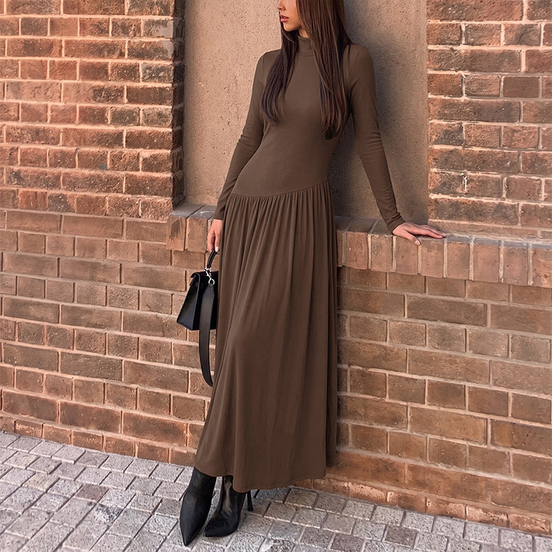 Solid Mock Neck Asymmetric Pleated Knit Maxi Dress