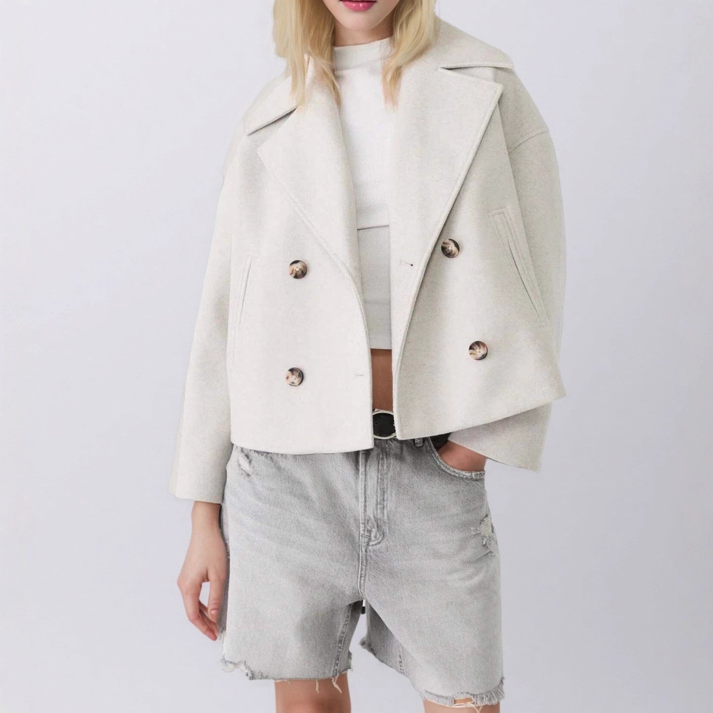 Women's Cropped Double Breasted Wool Coat Jacket