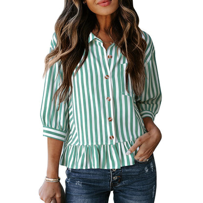 Striped Button Down Ruffle Hem 3/4 Sleeve Blouse