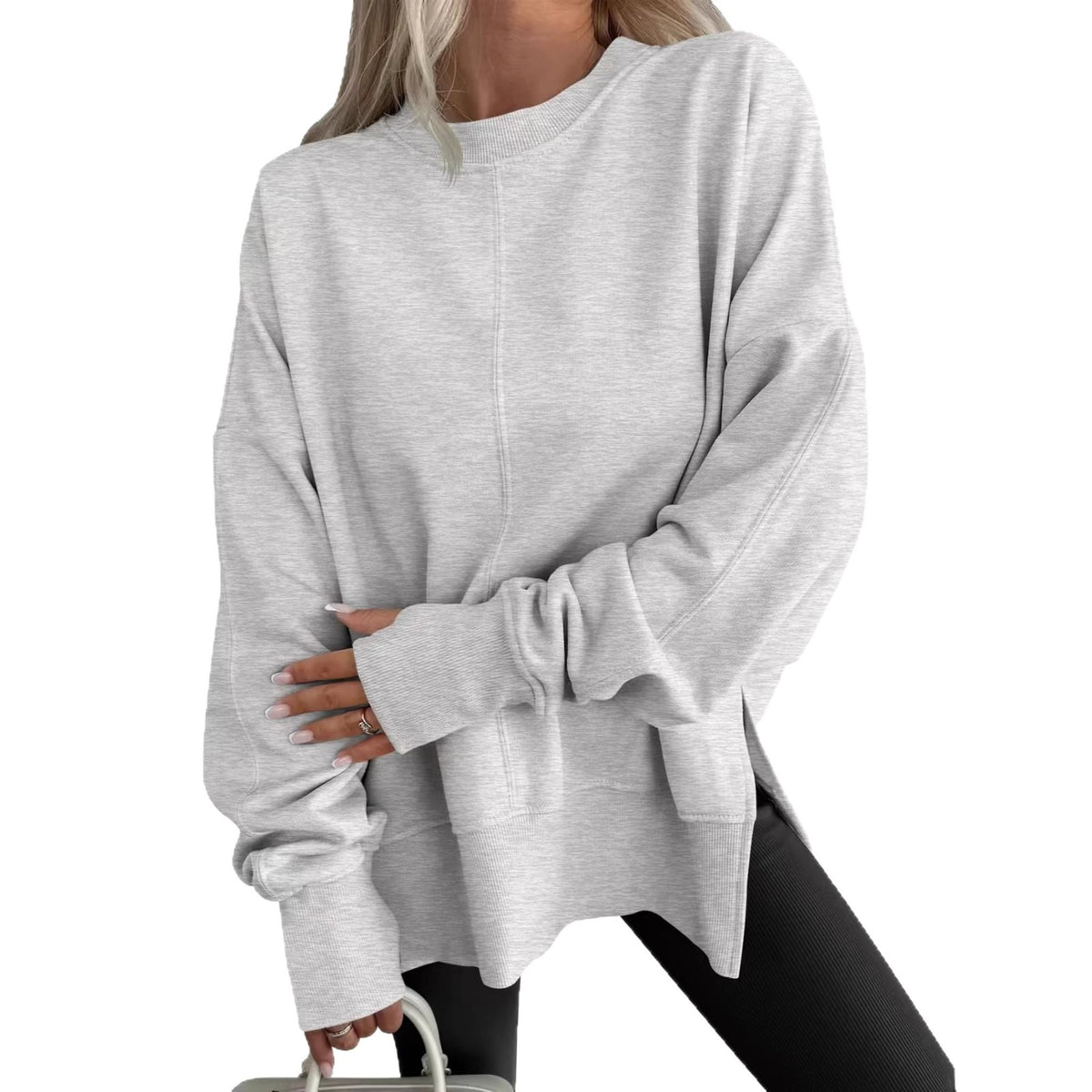 Oversized Crewneck Sweatshirt Batwing Side Slit Fleece