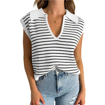 V-Neck Striped Knit Sweater, Casual Lapel Top