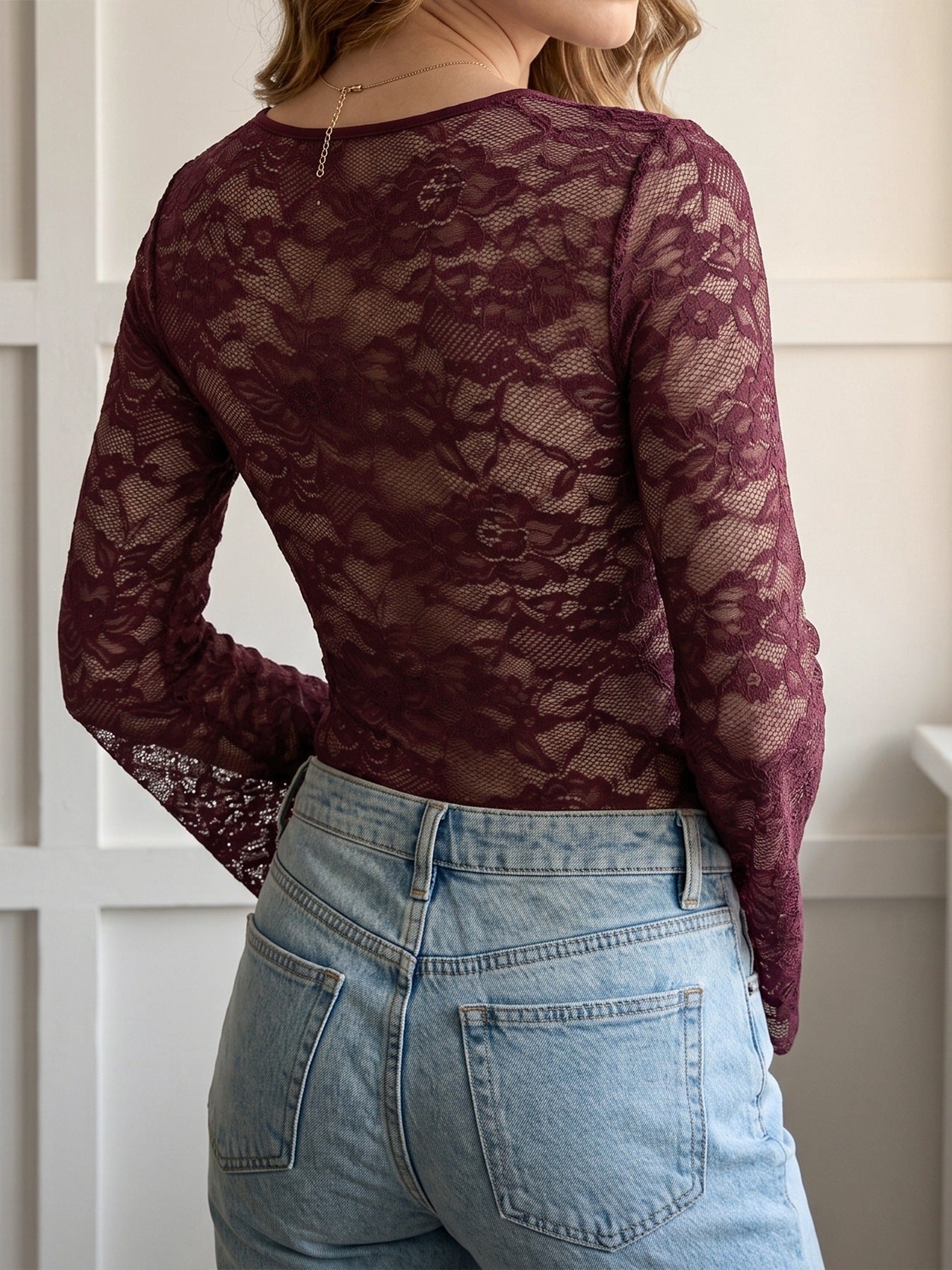 Floral Lace Tie Front Bell Sleeve Sheer Bodysuit
